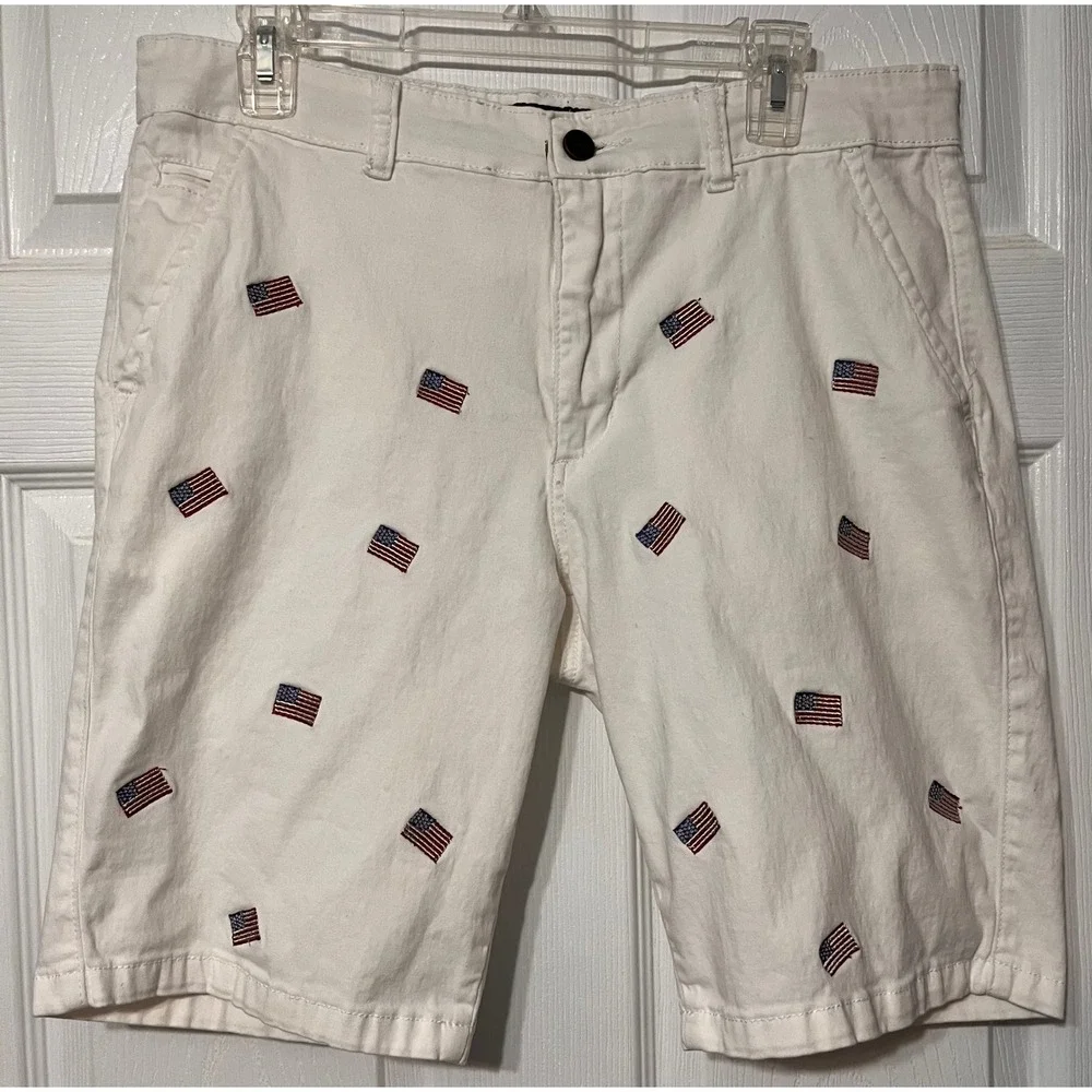 Dirty Laundry Mens White American Flag‎ Embroidered Chino Shorts Sz 34 Patriotic